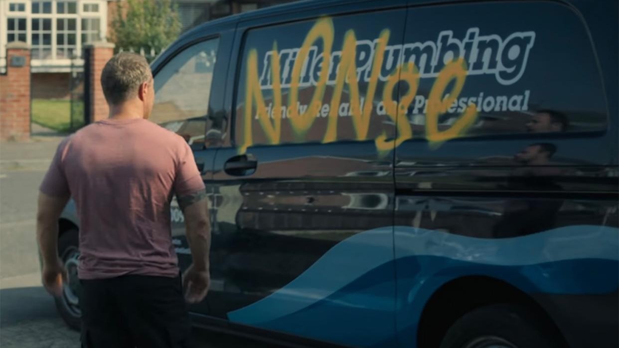 There is a mood-changing scene when Mr. Miller discovers the word 'NONSE' spray-painted across his van.